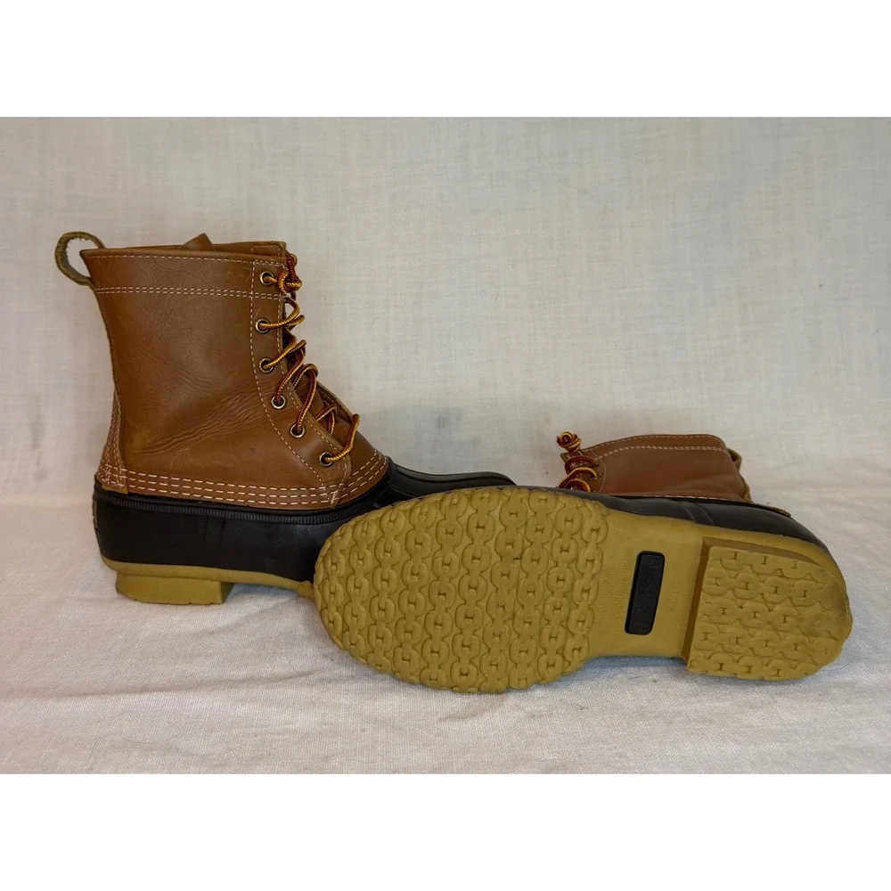 LL Bean Boots 8 Inch Duck Boots Brown Tan Leather Waterproof Mens 10 Made in USA